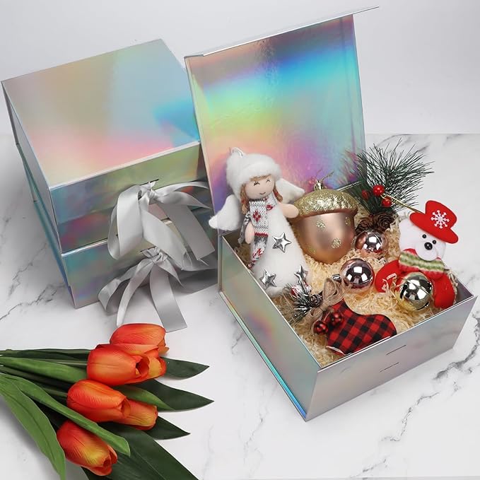 Giftgarden 4 Pack 8”x8”x4” Rainbow Silver Gift Boxes with Magnetic Lids, Collapsible Gift Wrap Box Magnet Clourse for Presents, Mothers Day, Birthday, Wedding, Bridesmaid Groomsman Proposal Box