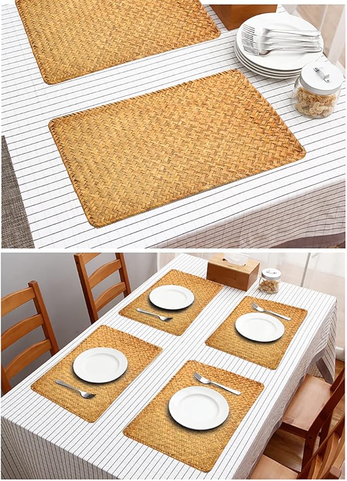 OwnMy Pack of 6 Natural Seagrass Placemats Woven Rattan Place Mat Rectangular Table Mats, 17" x 12" Sea Grass Meal Placemat Bamboo Place Mats for Dining Table Home Kitchen Picnic Table, Caramel Color