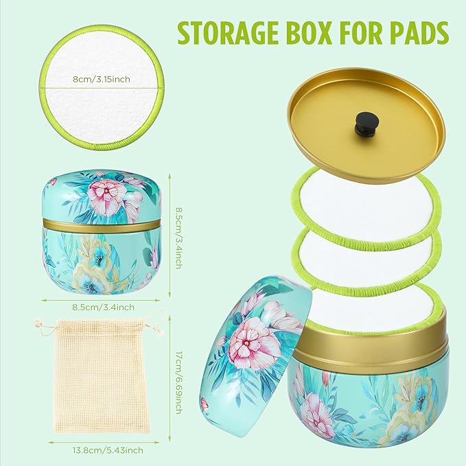 16 Packs Reusable Makeup Remover Pads - Natural Bamboo Cotton Rounds Eco-Friendly for All Skin Types with Cotton Laundry Bag & Fashionable Metal Box，Green