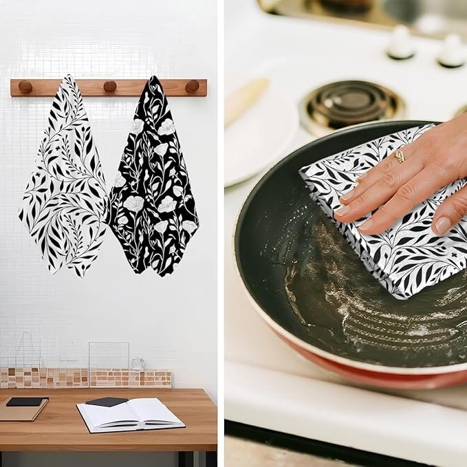 Jztco 2Pcs Black White Flower Kitchen Towels 24x14 Inch, Floral Seamless Pattern Waffle Hand Towels for Kitchen Bathroom Decor, Absorbent Microfiber Dish Cloth Tea Towel, Housewarming Gifts for Women