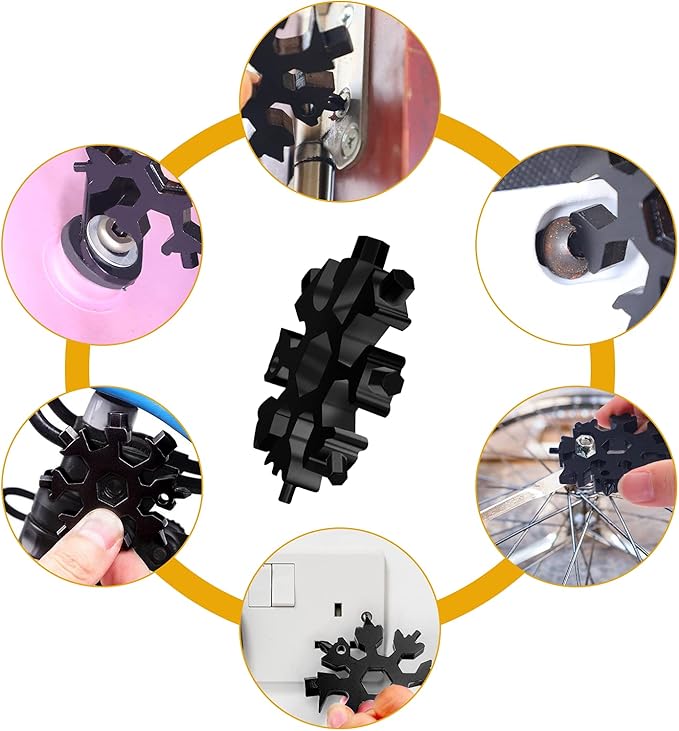 Snowflake Multitool, 1 Pieces 18-in-1 Stainless Steel Snowflake Standard Multitool, Snowflake Tool with Key Ring, Carabiner Clip and Gift Bag (Black)