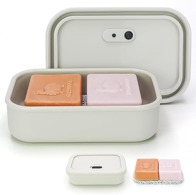Enhanced Leak Proof Travel Soap Case,Shatterproof Silicone Soap Holder for Traveling, Shampoo and Conditioner Bars Dish with Slip Soap Saver Pad,Portable Soap Box (Offwhite&Offwhite)