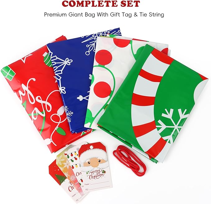 POPGIFTU Extra Large Christmas Gift Bags Bulk - 4 Pack Jumbo Santa Sacks 54.3" x 36.2" Heavy Duty Plastic Xmas Wrapping Bags for Oversized Presents, Toys & Holiday Gifts with Tags & Ties