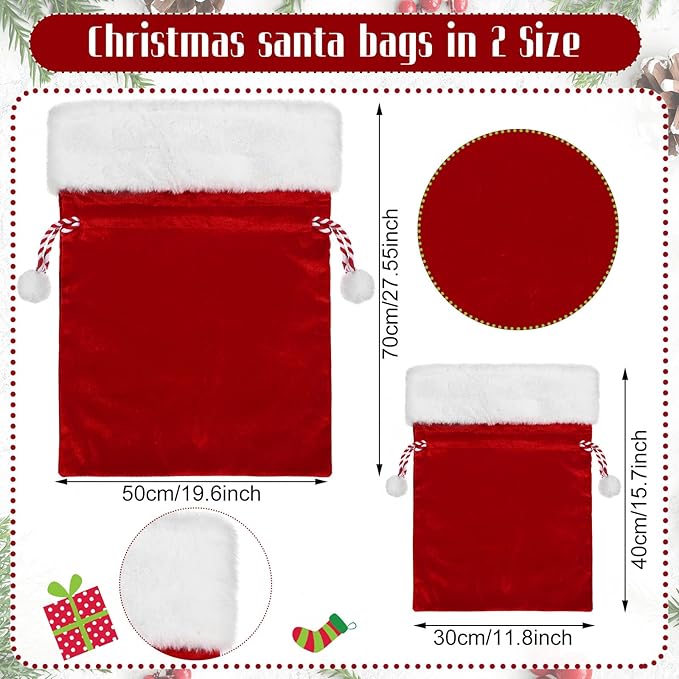 Shappy 2 Pieces Christmas Velvet Santa Bags with Drawstring in 2 Size Large Christmas Bags Santa Gift Sack for Xmas Playing Present Toy(Red)