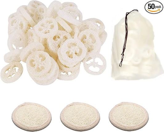 50Pcs Natural Loofah Cuts Slice of 3.15inch, Reusable Cleaner Sponge Scrubber, Facial Soap Holder and DIY Customize Soap Tools, with 3Pcs Exfoliating Loofah Pad and 1 Storage Bag