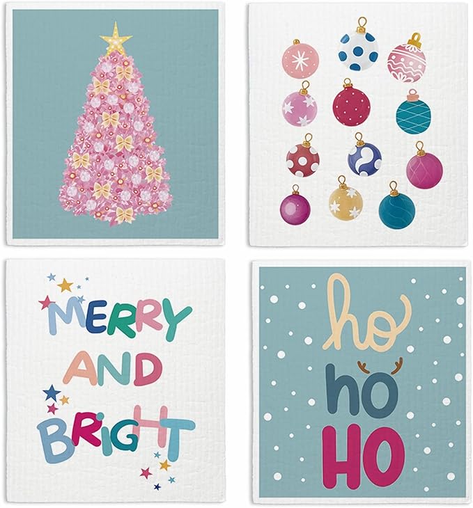 Christmas Swedish Dishcloths for Kitchen, Pink Christmas Xmas Tree Winter Kitchen Dish Towels for Washing Dishes, 4 Pack Reusable Paper Towels, Sponge Cloths for Home Cleaning Baking Cooking