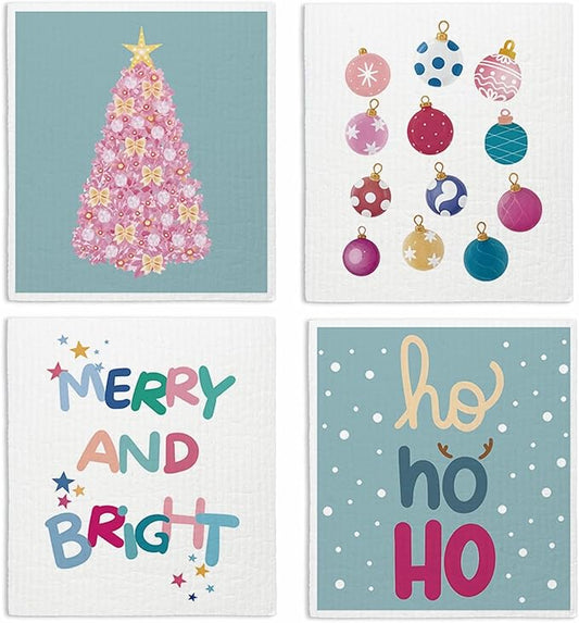 Christmas Swedish Dishcloths for Kitchen, Pink Christmas Xmas Tree Winter Kitchen Dish Towels for Washing Dishes, 4 Pack Reusable Paper Towels, Sponge Cloths for Home Cleaning Baking Cooking
