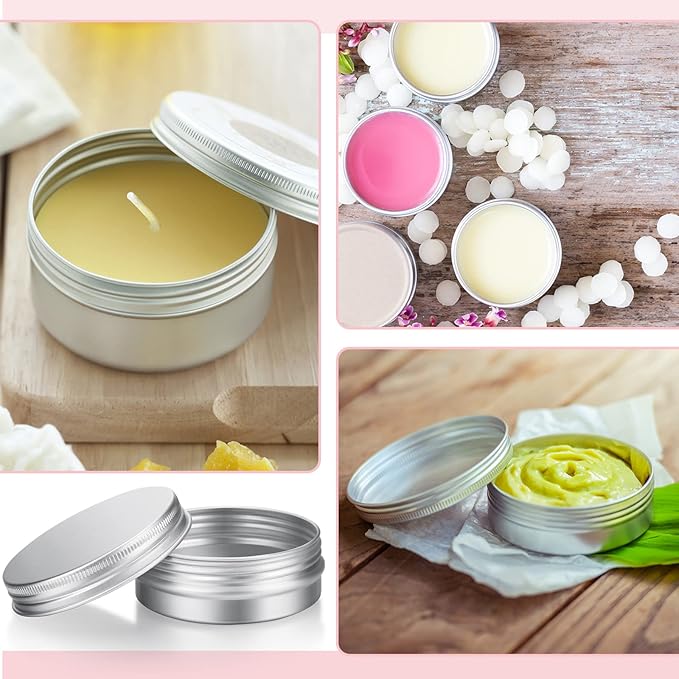 Patelai 64 Pieces Lip Balm Tin Containers Screw Top Round Tin Cans Aluminum Jar with Screw Lid, Empty Bottle Travel Cosmetic Sample Container for DIY(2 oz,Silver)