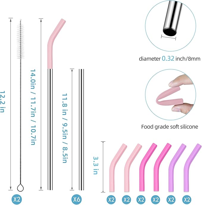 20 30 40 oz Stainless Metal Straws for Stanley Tumbler, 6Pcs Reusable Straight Long Steel Straws with 12 Silicone Tips and 2 Straw Cleaning Brushes (3Color2, 20 30 40oz)
