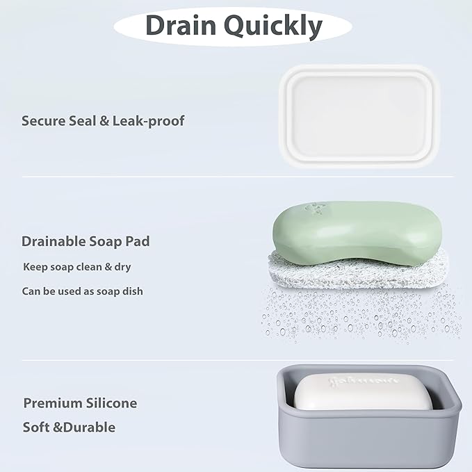 MtBoi 2PC Portable Leakproof Travel Soap Case, Silicone Soap Container, Compact Travel Holder with Drainage Layer, Camping, Gym, Outdoor Lavender&Gray