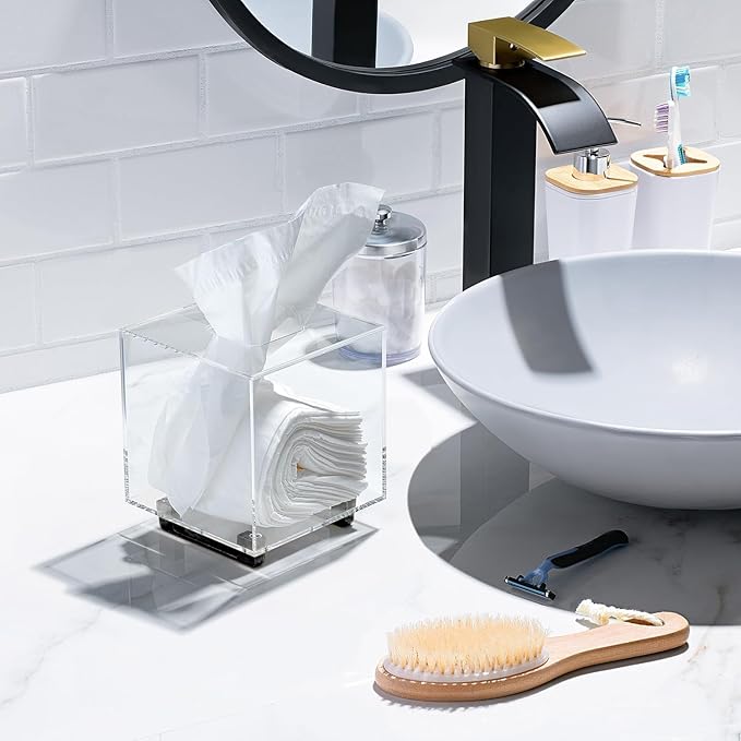 YoBa Thick Acrylic Tissue Box Holder Rectangular Tissue Box Dispenser with Gold Plated Aluminum Legs for Bathroom, Kitchen, Bedroom, Office and Restaurant (Square, Clear (Black Legs))