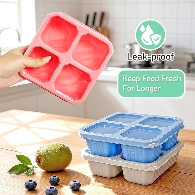4 Pack Bento Snack Containers, 4 Compartment Divided Meal Prep Lunch Box Containers, Wheat Straw Reusable Food Storage Lunchable Container for Work Travel Picnic