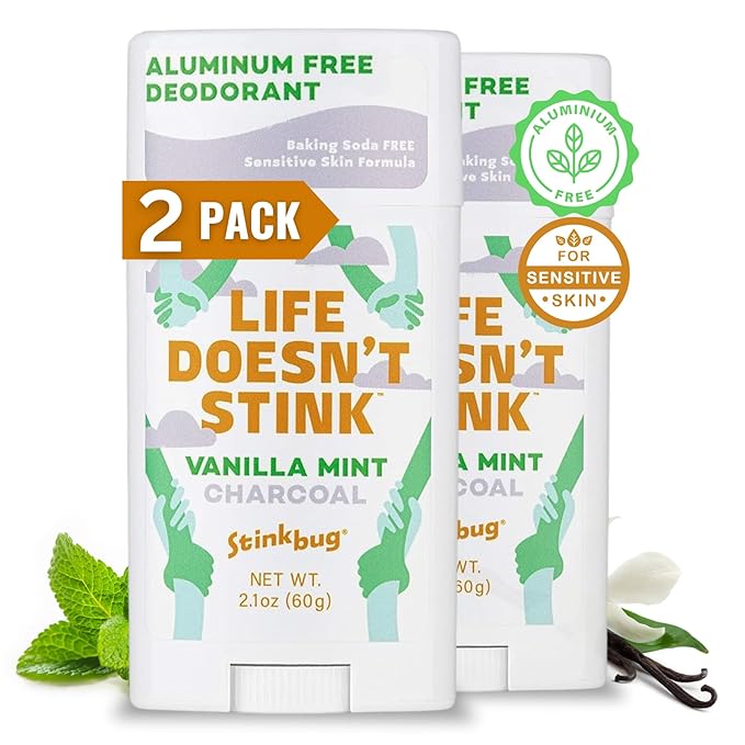 Stinkbug Naturals Organic Aluminum Free Deodorant Stick with Vanilla Mint, Coconut Oil and Activated Charcoal, Paraben Free, Sensitive Skin Deodorant, 2.1 Ounces Pack of 2