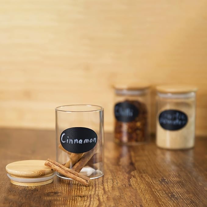 12 pcs Spice Jars | Glass Jar Bamboo Lids Food Storage Containers 7oz Glass Jar | Includes Pen and Decorative Labels | Dozen Spice Jars | Tea, Sugar, Salt, Herbs | Bonus Item