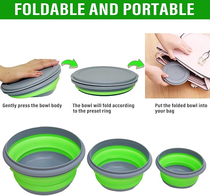 Collapsible Bowl, 3 Pcs Food Grade Silicone Camping Bowl, Expandable Salad Bowl Lunch Box with Lid & Tableware for Travel and Picnic (Green)