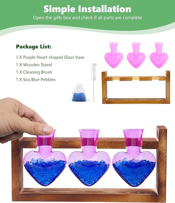 Nacome Plant Terrarium Propagation Stations: Air Planter 3 Bulb Glass Heart Shaped Vase with Wooden Stand for Hydroponics Home Office Decor - Christmas Gifts for Plant Lovers Women Mom Wife(Purple)