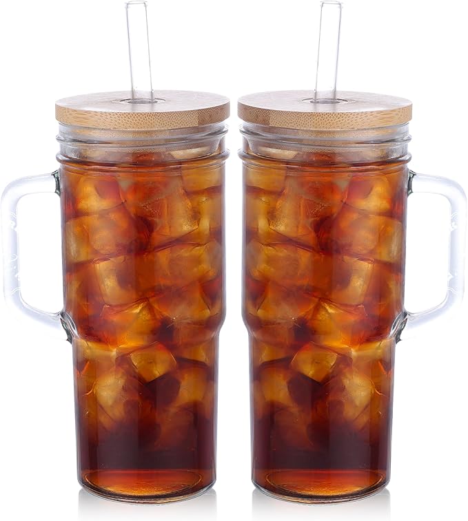 2 Pcs Glass Cups with Lids and Straws, 20oz/600ml Ice Glass Coffee Cups with Lids, Reusable Wide Mouth Tumbler with Handle & Leakproof Metal Lid & Eco Bamboo Lid & Cleaning Kit