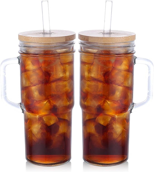 2 Pcs Glass Cups with Lids and Straws, 20oz/600ml Ice Glass Coffee Cups with Lids, Reusable Wide Mouth Tumbler with Handle & Leakproof Metal Lid & Eco Bamboo Lid & Cleaning Kit