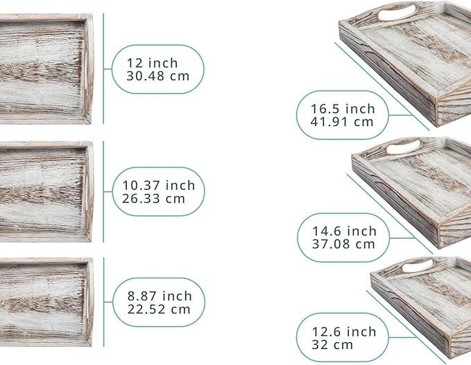 Comfify Serving Trays Set of 3 - Ottoman Wood Trays for Entertainment, Food and Decor - Rustic Farmhouse Distressed Wood Finish - Rustic White