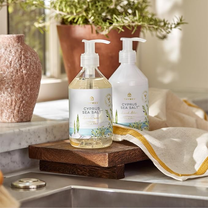 Thymes Hand Wash - Moisturizing Hand Soap Dispenser with Pump - Skin Care - Hydrating Liquid Soap Scented with Notes of Moroccan Rosemary, Sun-Kissed Sage, & Amalfi Lemon (Cyprus Sea Salt, 9 fl oz)