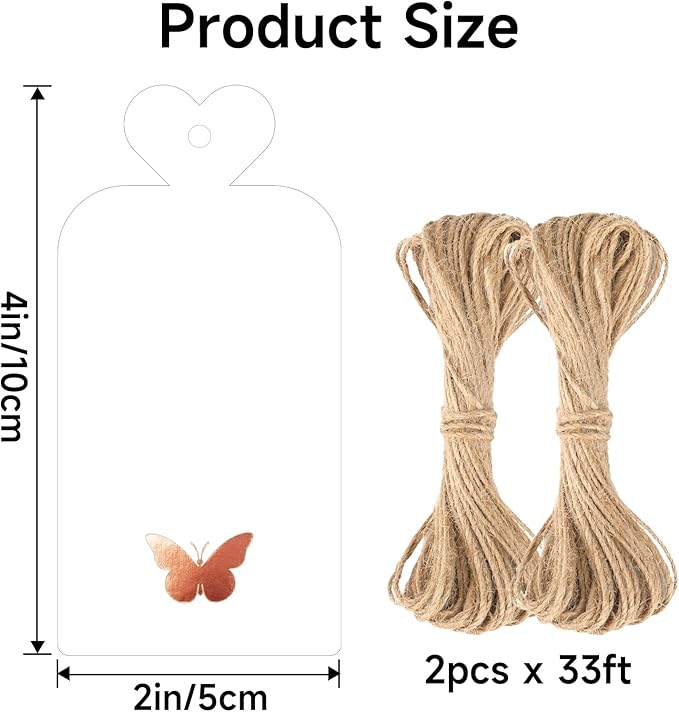 joycraft 100Pcs Gift Tags with String, 4x2 in Blank Tags with Rose Gold Foil Butterfly, White Paper Labels for Birthday, Wedding, Baby Shower, Christmas