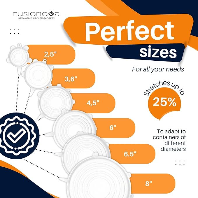 FUSIONOVA 6pcs Reusable Silicone Stretch Lids for Food Storage - Reusable Lids for Bowls - Silicone Lids for Food Storage - Reusable Stretch Wrap - Silicone Bowl Cover