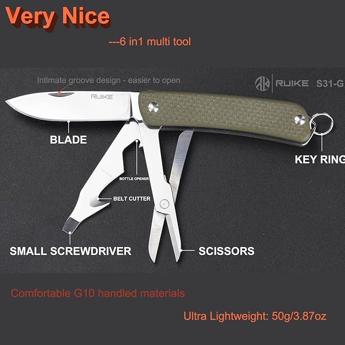 Ruike Keychain Small Pocket Knife,Folding 6 in 1 Multitool,12C27 Steel Stainless,G10 Handle,Mini EDC Tactical Camping Army Tac Survival Hunting Gear,Key Compact Scissors,Screwdriver,Bottle Opener Tool
