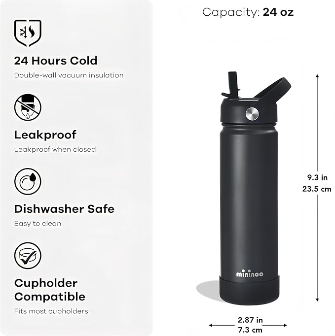 Mininoo Insulated Stainless Steel Water Bottle with Straw, Ceramic-Lined, BPA-Free & Leak-Proof, 24 oz, Black