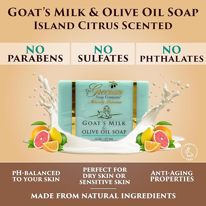 The Grecian Soap Company Deluxe Bathtub Gift Set, 6pcs Goat Milk & Olive Oil Skin Care Set, Birthday Gifts for Women, Bridal Shower Gifts, Gifts for Mom, Island Citrus Scent, Handmade in the USA