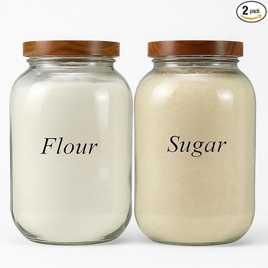 2 Pack Glass Flour Sugar Storage Containers with Acacia Wooden Lid, 1 Gallon Glass Jars with Airtight Lid, Wide Mouth Large Mason Jars 128oz for Rice, Pasta, Oats, Coffee Storage