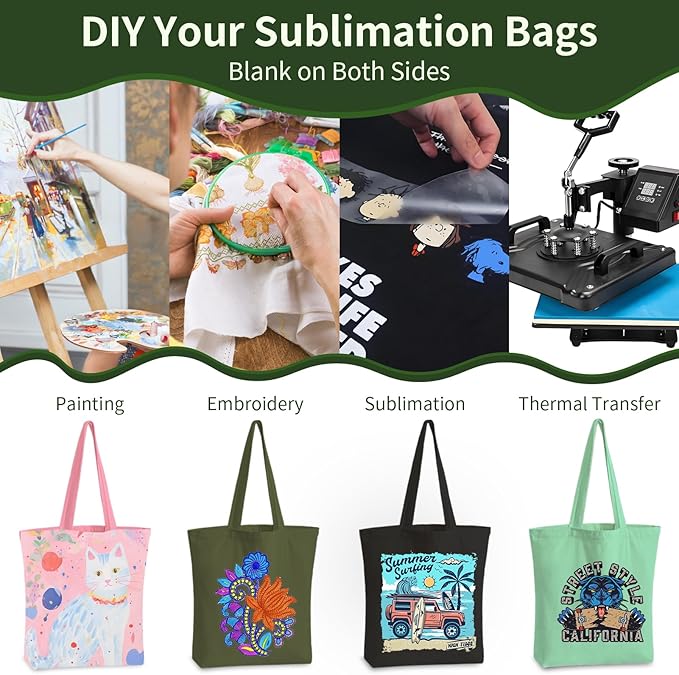 10 Pack Canvas Tote Bag with Zipper, Reusable Grocery Bags with Long Handle, DIY Heat Transfer Sublimation Blanks Shopping Bags for Advertising, Birthday,Thanksgiving, Christmas Gift Bags