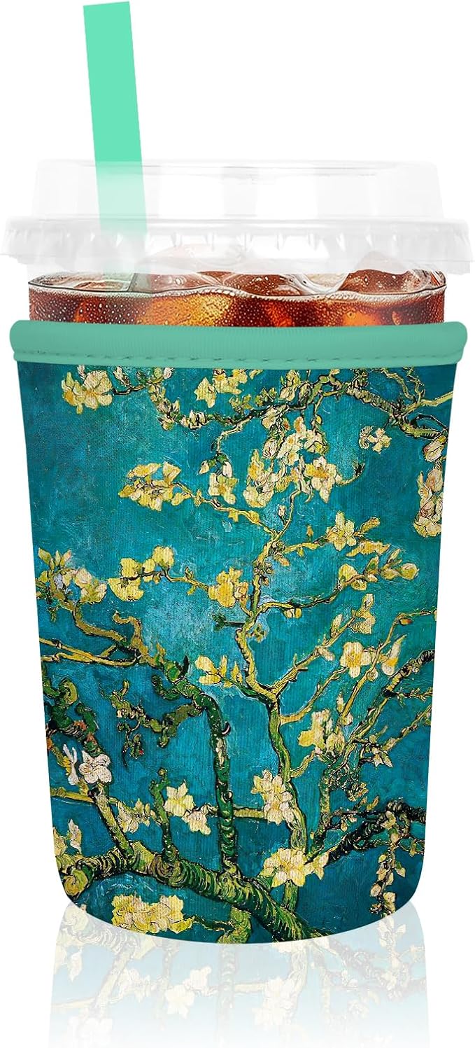 Iced Coffee Sleeve, Reusable Insulated Neoprene Cup Sleeve for Cold & Hot Drinks Beverages, Cup Holder for 16oz-18oz Coffee Cups, Van Gogh Apricot Tree