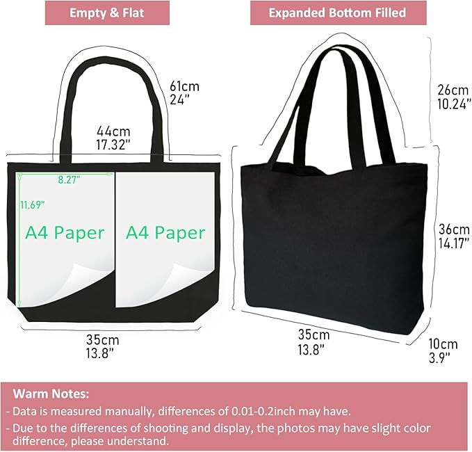 Koolmox Black Canvas Tote Bag with Zipper, 6-Pack 17x14x3.9'' 12Oz Thick Canvas Bag with Handles and Flat Bottom, Women Men Grocery Shopping Bags Cotton Totes Sublimation Totes to Customize