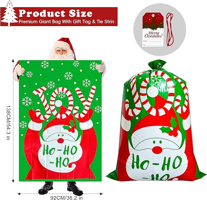 POPGIFTU Extra Large Christmas Gift Bags Bulk - 4 Pack Jumbo Santa Sacks 54.3" x 36.2" Heavy Duty Plastic Xmas Wrapping Bags for Oversized Presents, Toys & Holiday Gifts with Tags & Ties