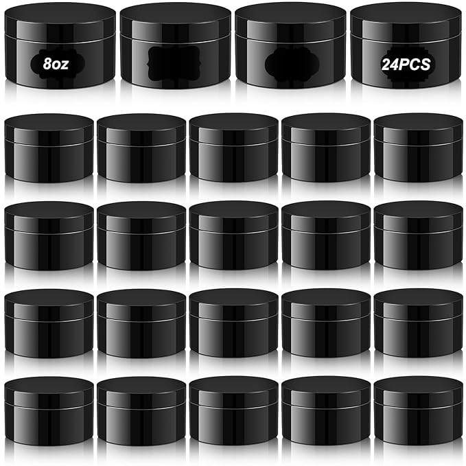 Dandat 24 Pcs 8 oz Plastic Jar Container with Lid and Label Refillable Empty Round Black PET Cosmetic Sample Containers for Lotion, Cream, Ointments, Body Butter, Makeup, Travel Storage