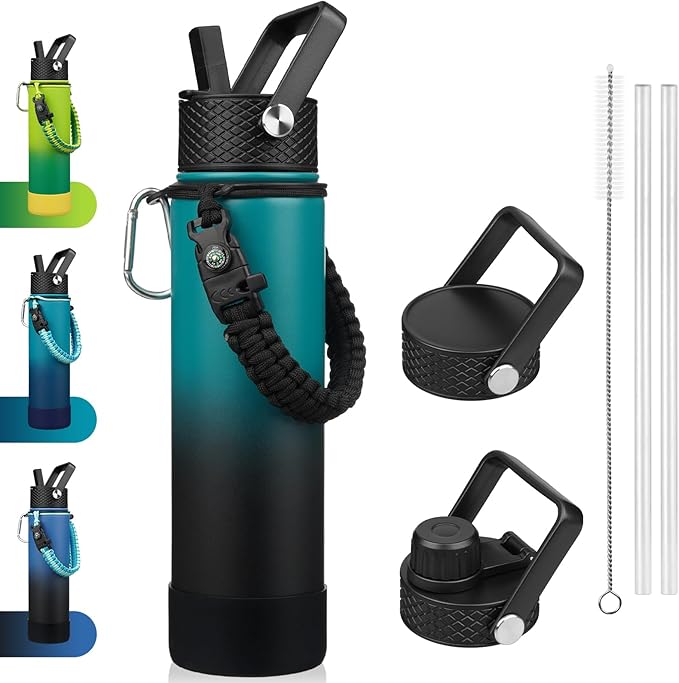 BJPKPK 27oz Insulated Water Bottles with 3 Lids, Paracord Handle & Non-slip Boot, Stainless Steel Water Bottle with Straw, BPA Free Thermal Flasks, Tumblers, Army Green & Black