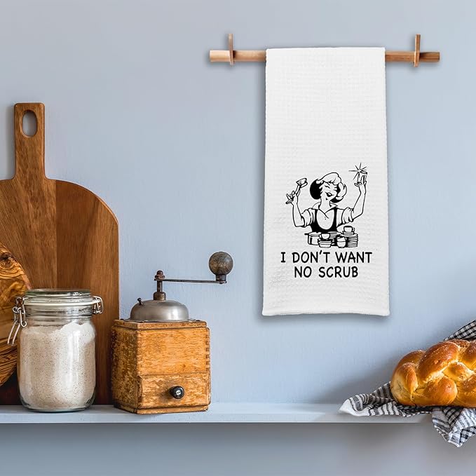 Funny Kitchen Dish Towels I Don't Want No Scrub Cleaning Cloth Retro Sassy Housewife Dishcloth Housewarming Gifts for New Home Funny Birthday Gifts for Hostess Wife Women Sister 16x24 Inch
