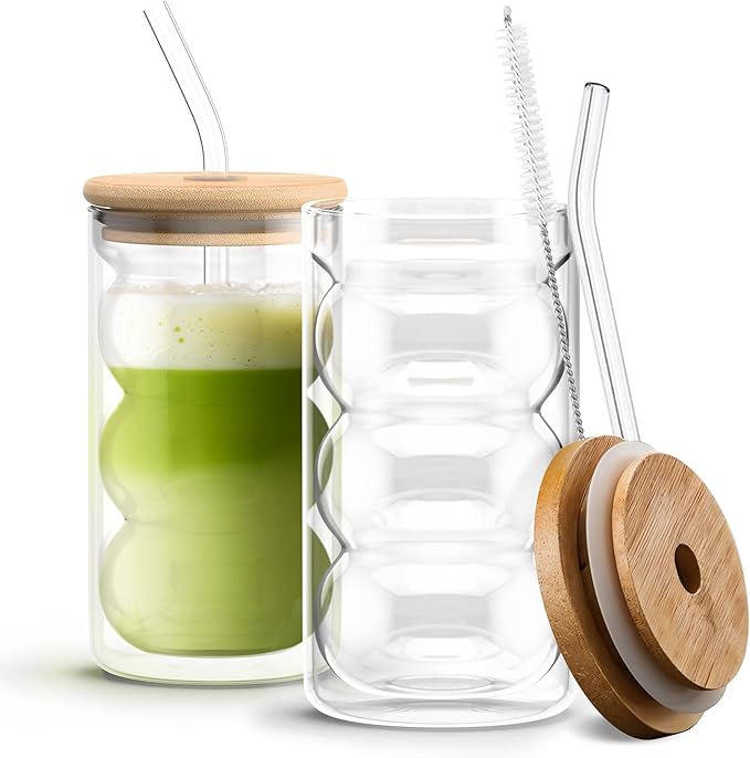 HAPPY PATH & CO. 2 Double Wall Glass Cups with Lids and Straws 16oz (480ml) - Glasses Drinking Set | Glass Tumbler with Bamboo Lid | Ribbed Bubble Glass Cups for Matcha, Coffee and Other Smoothies