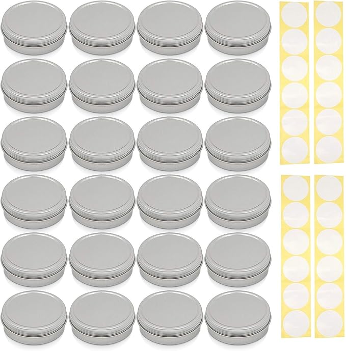 SimbaLux Screw Top Round Steel Tin Cans 4 oz (120 ml) with Self Adhesive White Round Stickers, 24-Pack