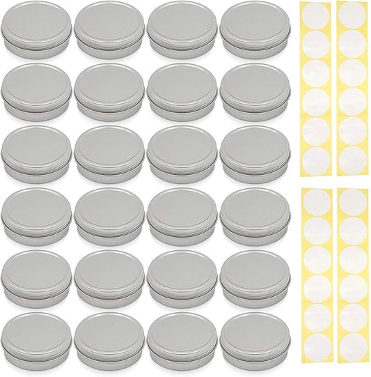 SimbaLux Screw Top Round Steel Tin Cans 4 oz (120 ml) with Self Adhesive White Round Stickers, 24-Pack