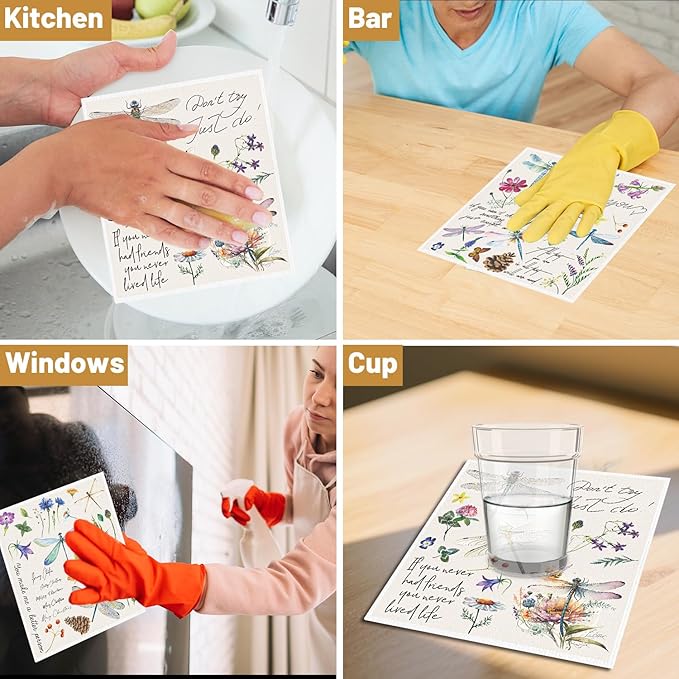 Dragonfly Swedish Dishcloths for Kitchen, 6 Pack Vintage Wildflower Reusable Paper Hand Dishing Towels Housewarming Gifts, Absorbent Dish Rags Decoration for Home Cooking Cleaning
