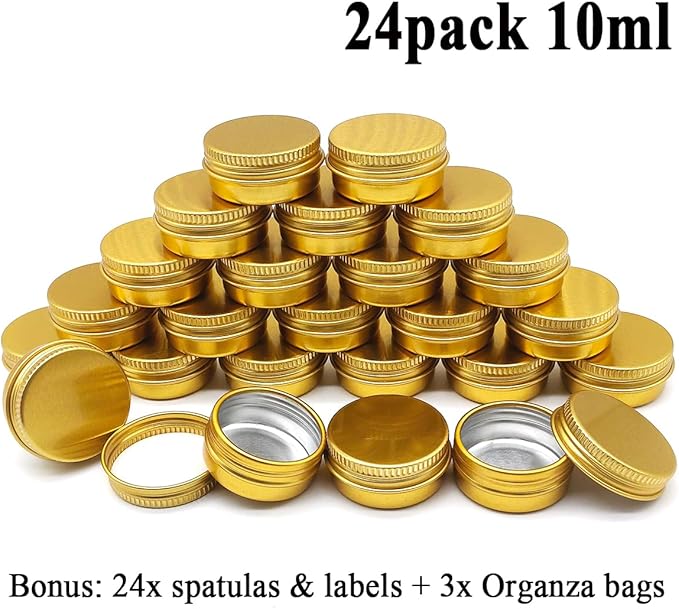10ml Aluminum Tin Jar, 1/3 oz Makeup Container, 10g Aluminum Screw up Lid Small Round Container Bottle for Cosmetics Lip Balm Cream Toner Eyeshadow Candle Tea Beads, 24 Pack Gold Color Tins