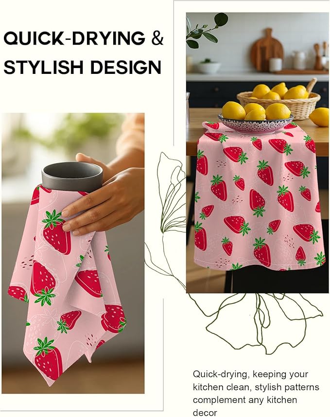 Flour Sack Kitchen Towels Set of 2-18x26 Cotton Dish Towels with Hanging Loop Reusable Tea Towel for Cleaning Spring Absorbent Dishcloths Cute Home Decor Housewarming, Line Strawberry
