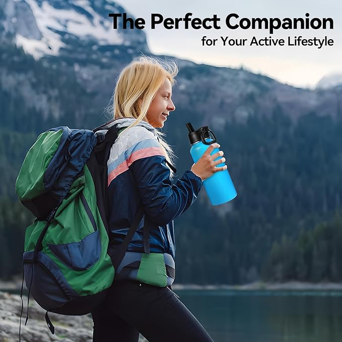 Neihepal 32 oz Insulated Water Bottles with 2 Lids (Straw & Spout Lid), 18/8 Stainless Steel Double Wall Water Bottle for Gym, Travel, Camping, Sports (Blue,2 Pack)