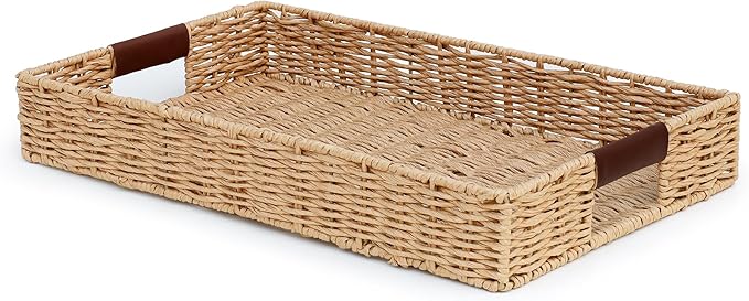 Handwoven Multipurpose Rectangle Rattan Tray, 20” x 12” – Durable Wicker Tray with Leather Handles for Home Decor Display