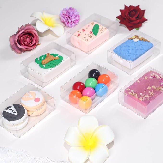 100PCS 3.5x2.36x1.2 Inch Clear Plastic Soap Boxes Packaging - Small Bakery Favor Boxes for Macarons, Cookies & Candies, Perfect for Homemade Soap Gifts, Wedding & Birthday Parties