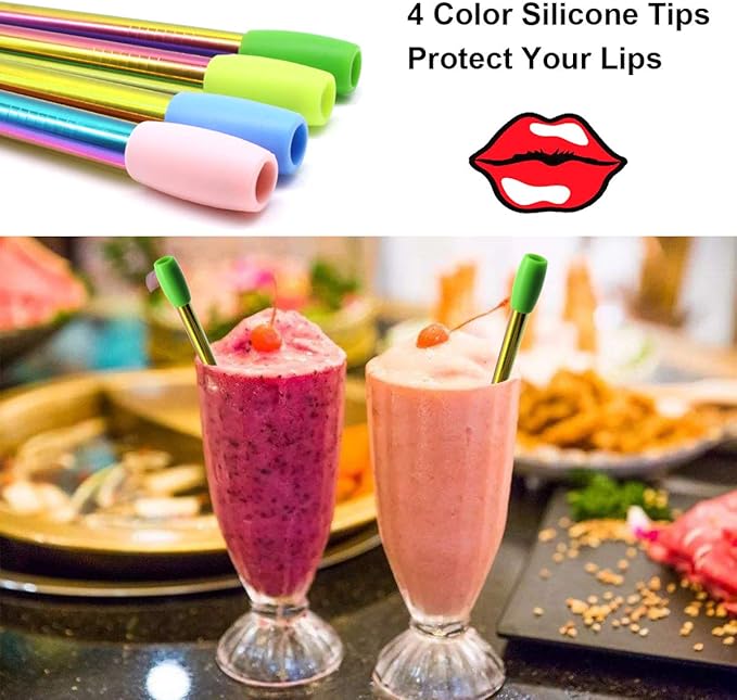 Reusable Boba Smoothie Straw Rainbow Metal Straws Wide Thick Fat Angled Tip Sharp End Straw for Milkshake Jumbo Bubble Tea Straws With Carry Case Bag Silicone Tips Brush 12mm 0.5in 4 Pack