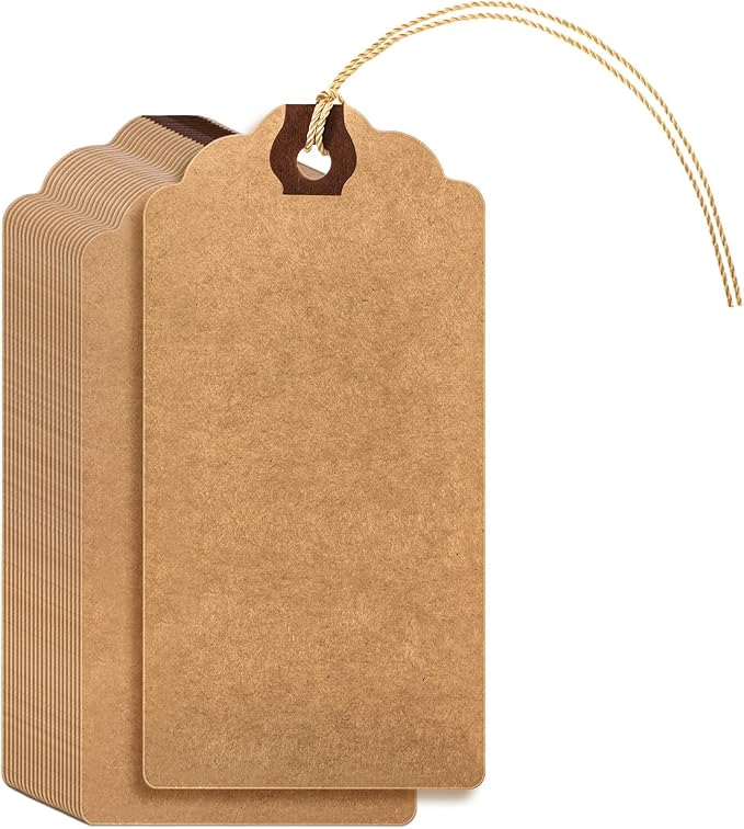 Outus 60 Pcs 4 3/4-in x 2 3/8-in Blank Large Paper Gift Tags with String and Reinforced Eyelet Wire Writable Price Tags Shipping Labels Inventory Labels(Brown)