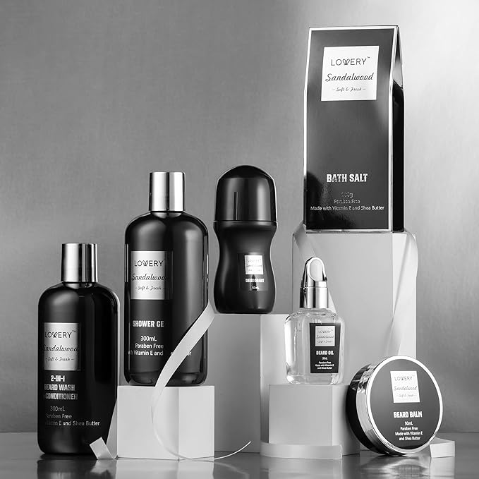 Christmas Gifts for Men, Mens Body And Wash Gift Set Beard Kit and Body Care, Unique Gifts for Dad Sandalwood Spa Gift Baskets, Bath and Beard Grooming Kit, Gifts for Husband Him Beard Balm Growth Oil