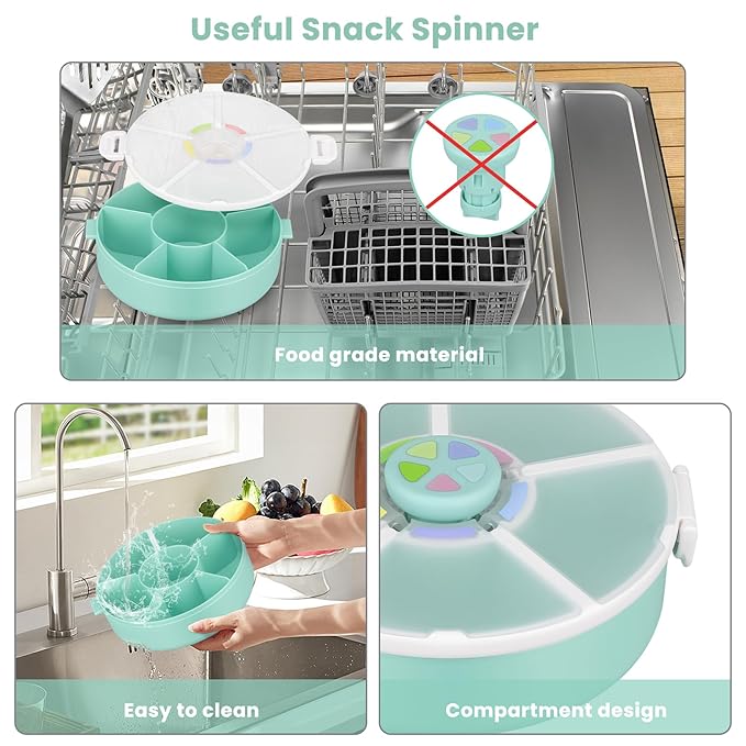 Snack Rotator Container Reusable Snack Box with 5 Compartment Dispenser and Lid, Color Matching Opening Lid, BPA and PVC Free, for Home, School, Travel (2 Pack- Green)